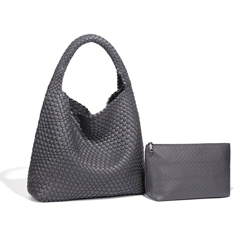 2025 Women Bag Luxury PU Leather Handbag Lady Fashion Handmade Knitting Tote Female Hand-woven Basket Shoulder Bag with Purse