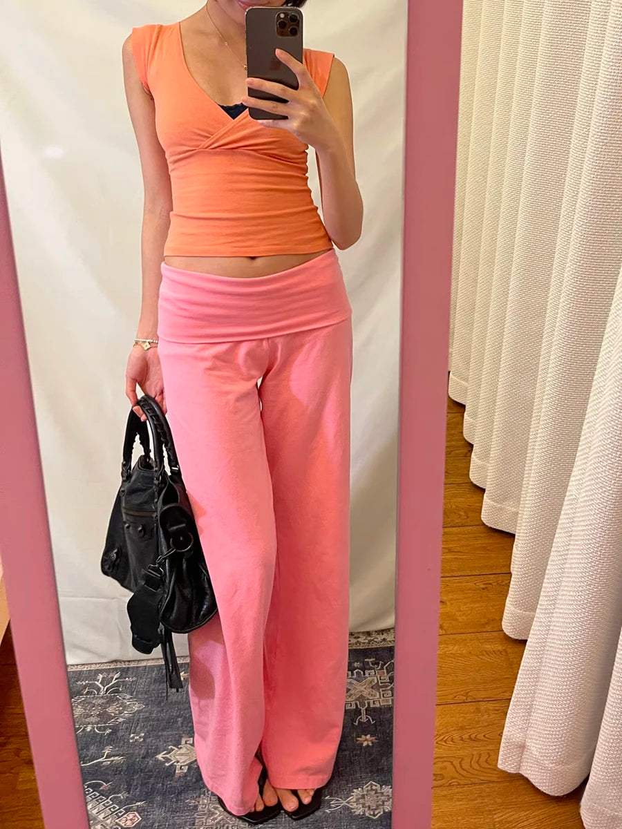 Women's Foldover Low-Rise Straight-Leg Pants