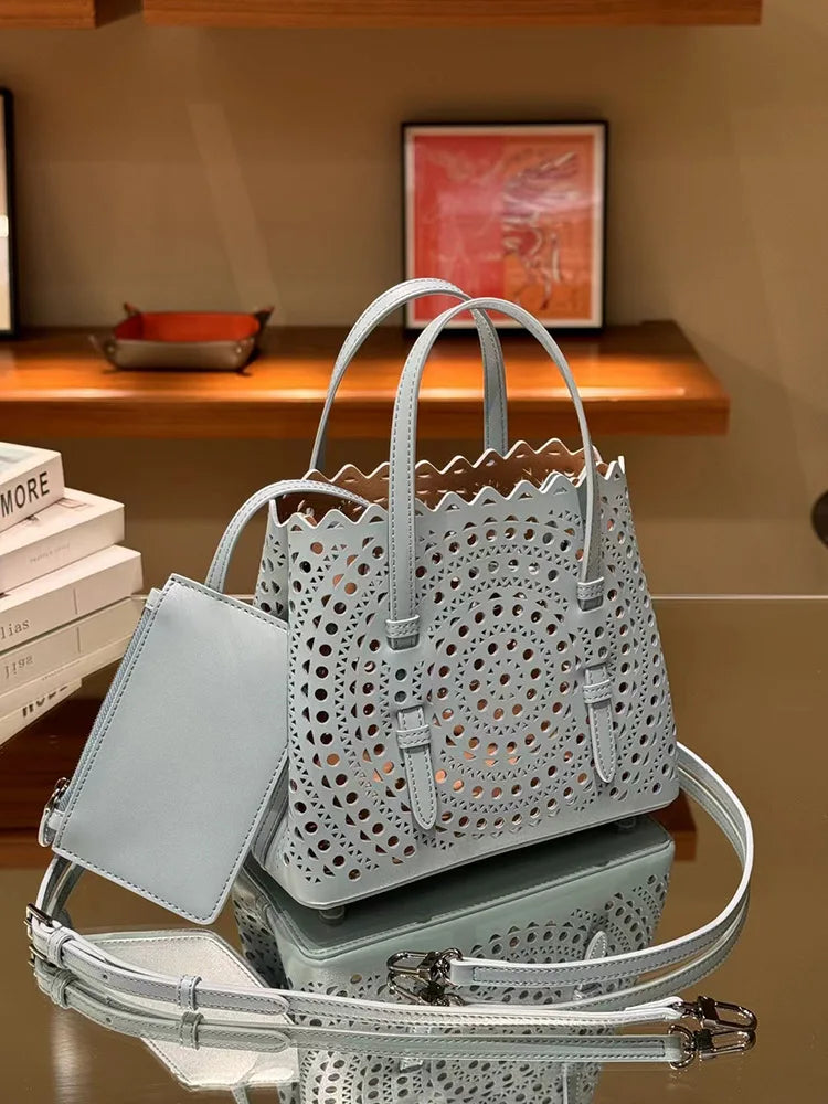 New Tote Bag French Cowhide Handmade Bag Niche Laser Engraved Hollow Leather Vegetable Basket Bag Casual Versatile Temperament