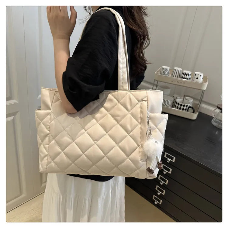 Multi Pocket Women Mailman Bag Diamond Patterned Cotton Clothing Shoulder Bag Large Capacity Tote Bag Casual Nylon Shoulder Bag