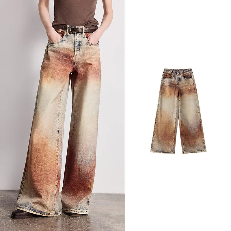 TOYOUTH Women Jeans 2026 Spring New Wilderness Wasteland Style Mid Low Waist Loose Printed Wide Leg Pants