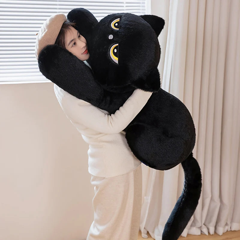 Black Cat Plush Pillow Soft Stuffed Lying Cat Cushion Cute Sleeping Cat Design Lovely Birthday Gift Idea for Cat Lovers