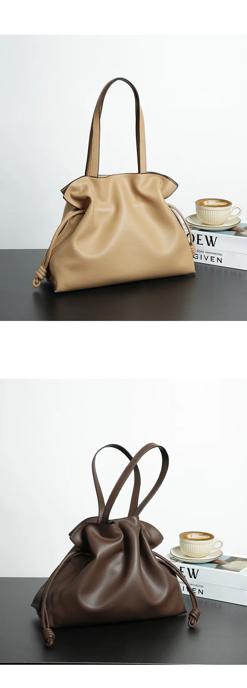 Autumn Winter High-End Leather Bucket Bag Drawstring Pleated Soft Cowhide Single Shoulder Tote Lucky Bag for Women