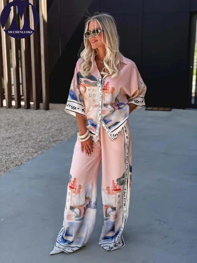 2 Pieces Set for Woman Summer New Elegant Printed Half Sleeves Shirt Tops Suits Fashionable Casual Loose Wide Leg Pants Sets