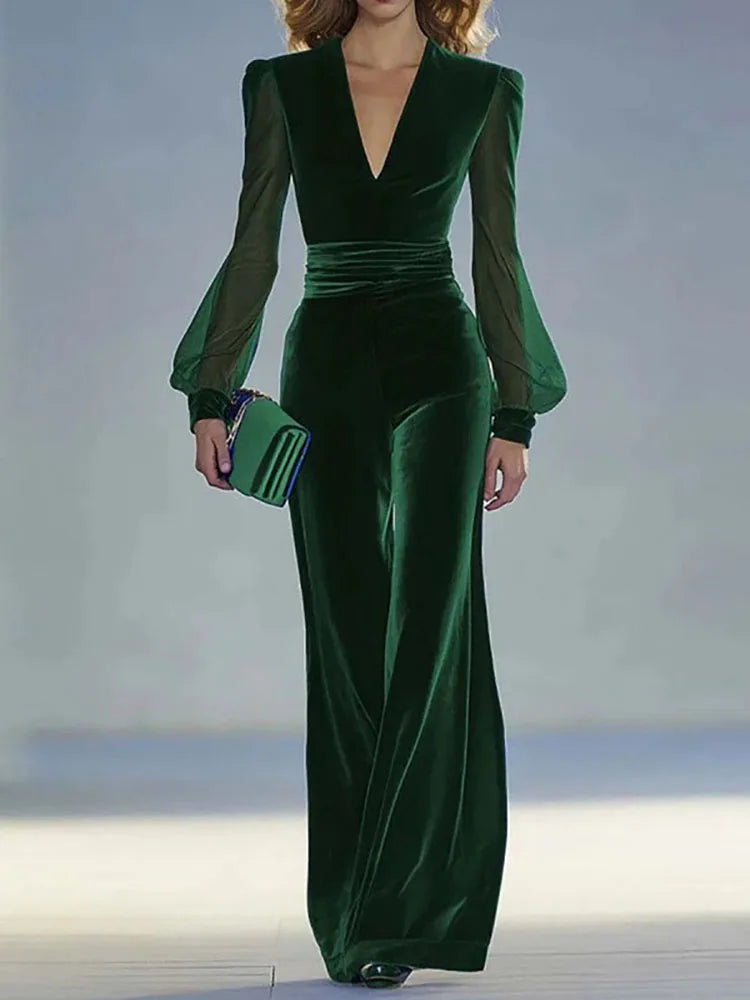 Deep V-Neck Velvet Jumpsuit – Elegant High-Waist Mesh Long Sleeve Romper
