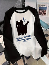 Black Cat Graphic Long Sleeve T-Shirt - Casual Crew Neck Fall/Winter Tee