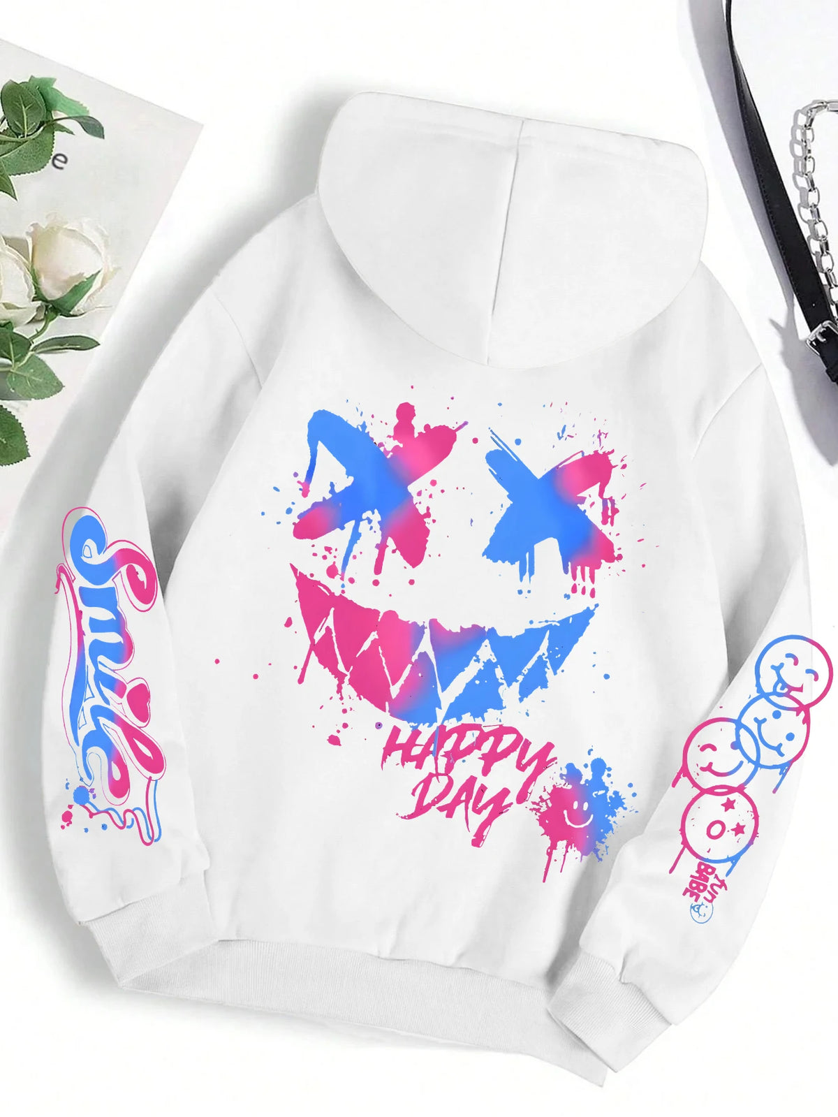 Happy Day Women's Oversized Graffiti Hoodie