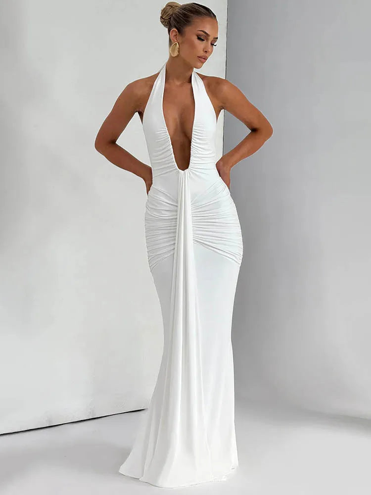 Elegant Deep V-Neck Halter Maxi Dress