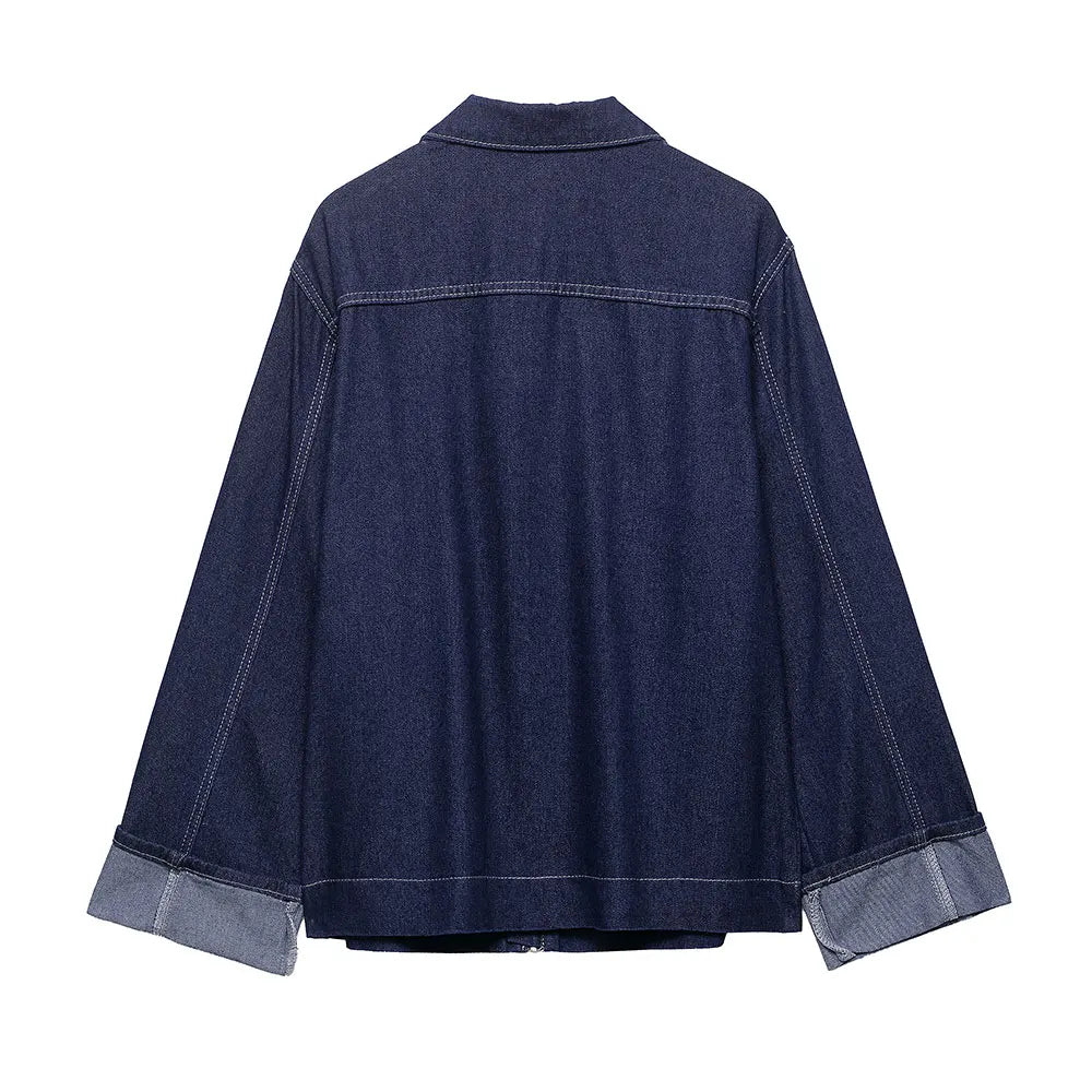 Chic Blue Denim Jacket – USA-Made Casual Lapel Outerwear with Pockets