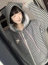 Women's Striped Cat-Ear Zip-Up Hoodie
