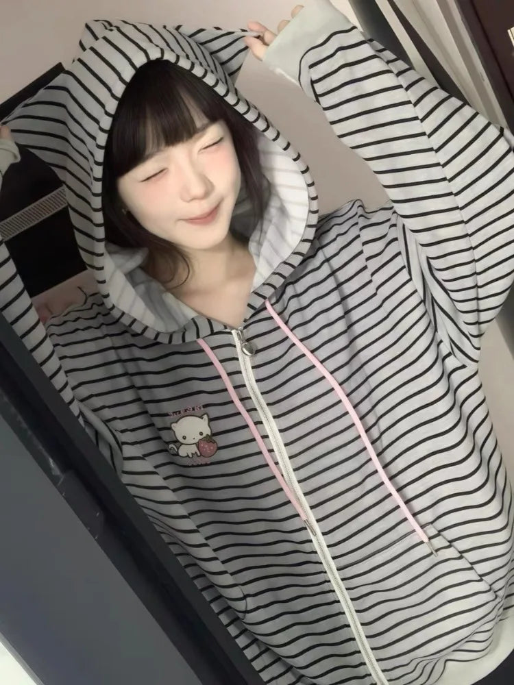 Women's Striped Cat-Ear Zip-Up Hoodie