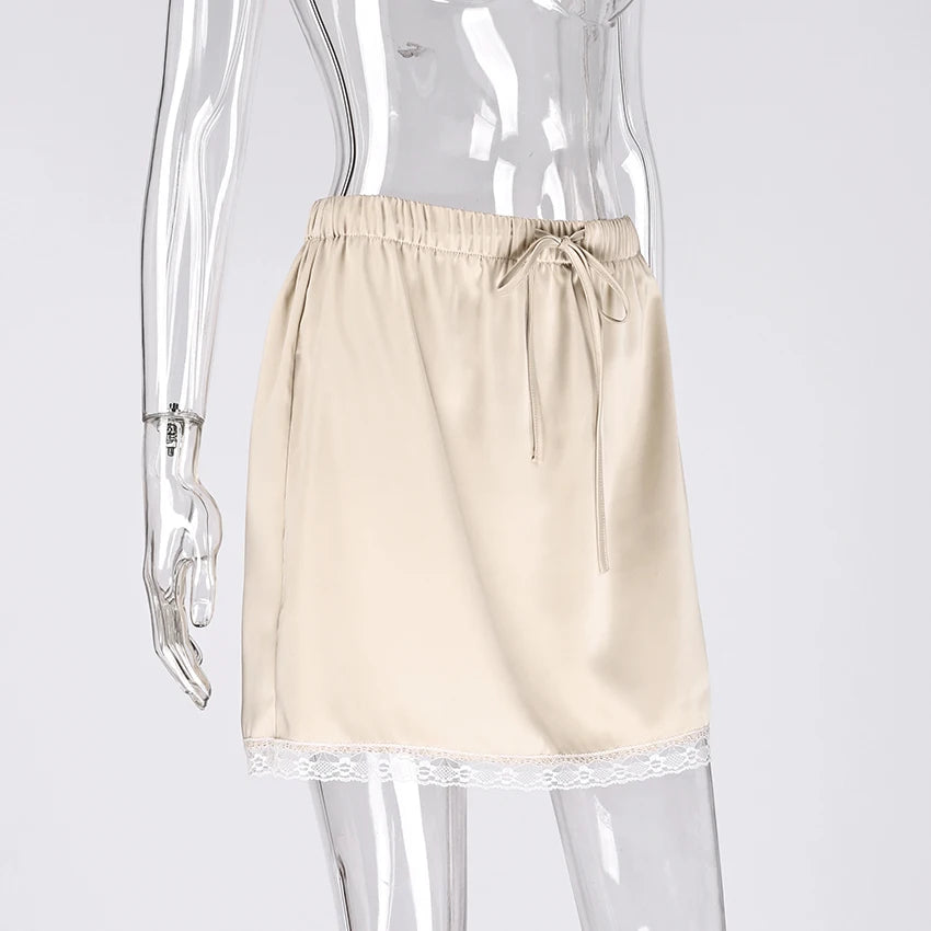 Linad Lace Satin Mini Skirt – Drawstring High Waist
