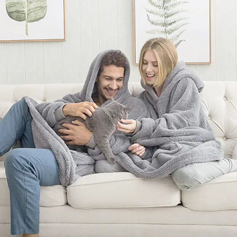 New Winter Women Double-faced Fleece Hoodie Blanket Oversize Large Pocket Warm Couple Loose Sweatshirts Women And Men Robe