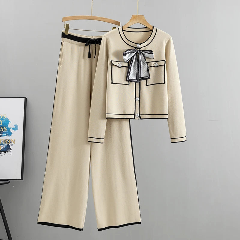 Autumn Women’s Elegant 2-Piece Pleated Set – Knit Bowknot Top & Wide Leg Pants