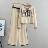 Autumn Women’s Elegant 2-Piece Pleated Set – Knit Bowknot Top & Wide Leg Pants
