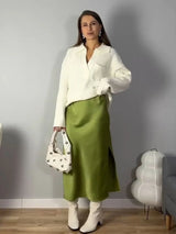 Women's Satin Midi Skirt – Elegant A-Line with Slit