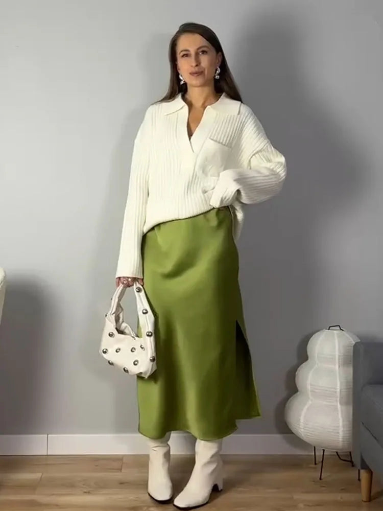 Women's Satin Midi Skirt – Elegant A-Line with Slit