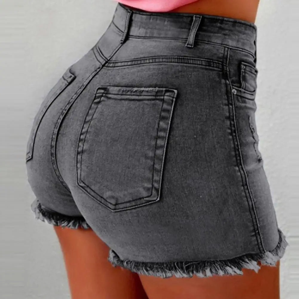 Women's High Waist Distressed Denim Shorts | Retro Slim Fit
