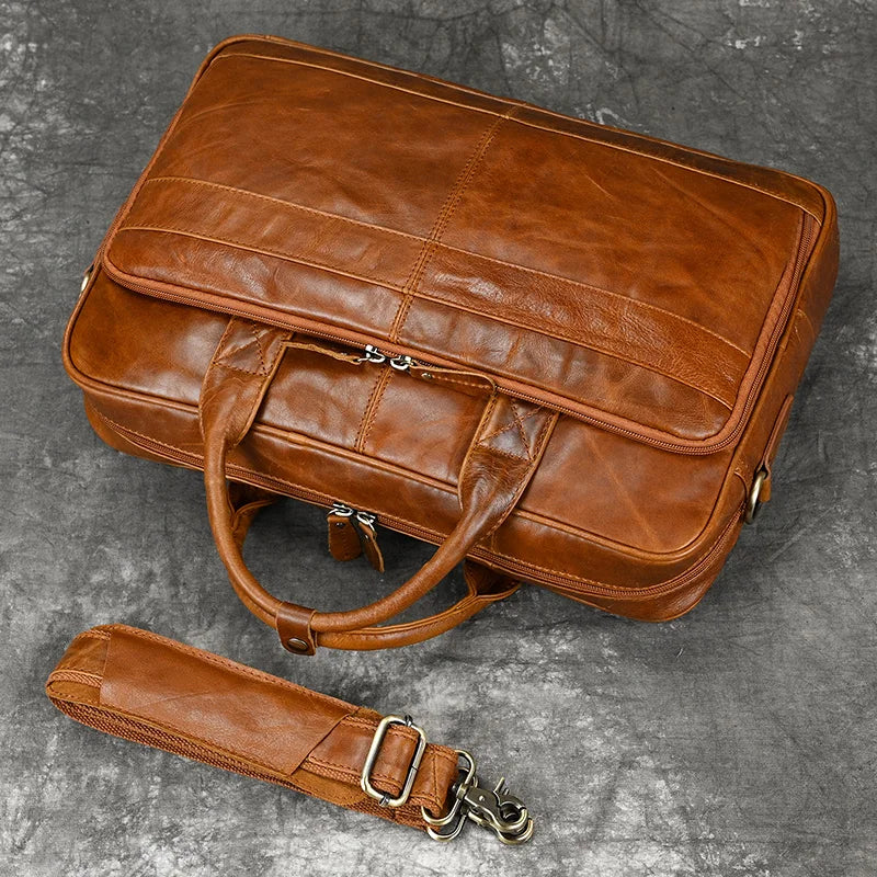 Men Briefcase Genuine Leather Laptop Bag 14 15.6" PC Doctor Lawyer Computer Bag Cowhide Male Briefcase Leather Men Business Bag