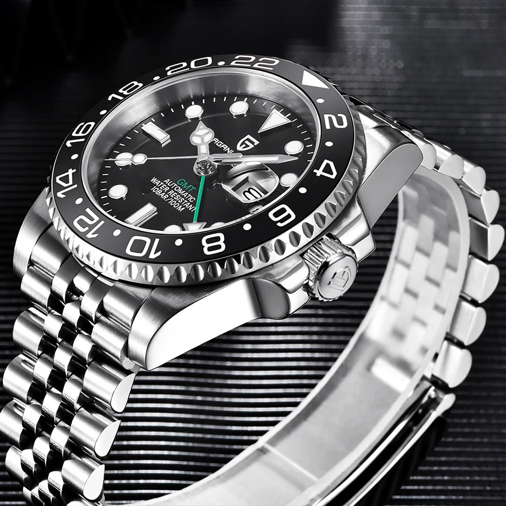 PAGANI DESIGN PD-1662 Luxury GMT Men Mechanical Wristwatch Sapphire Glass Stainless Steel 100M Waterproof Automatic Watches