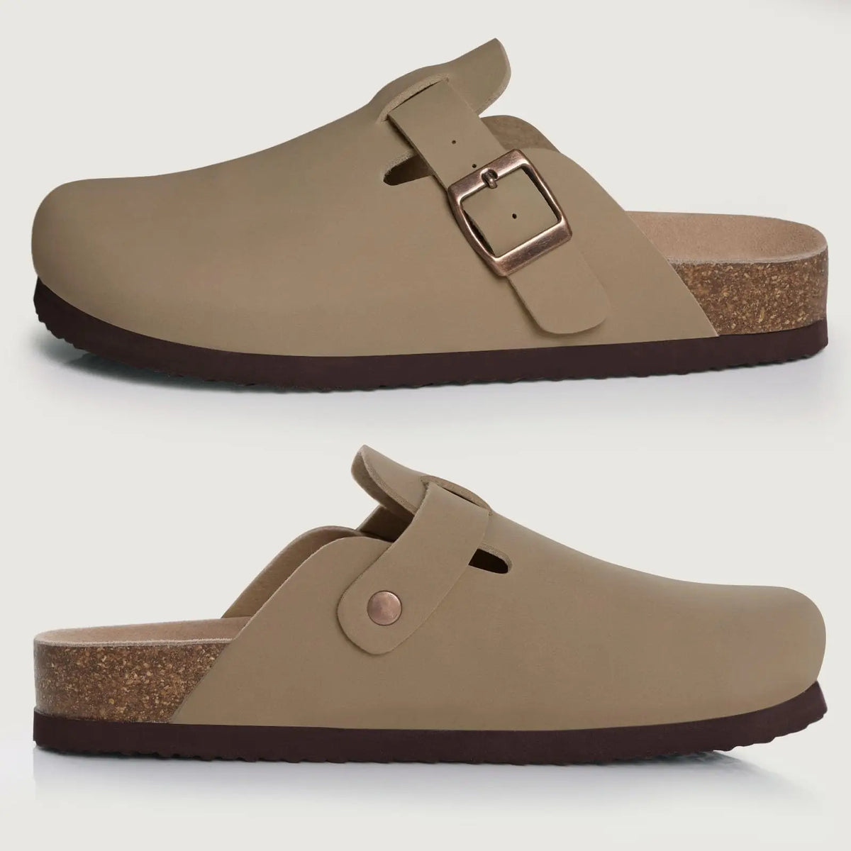 Kidmi Men's Suede Clogs Cork Footbed Clogs for Women Soft Leather Adjustable Buckle Slip-on Potato Shoes Sandals Beach Slippers