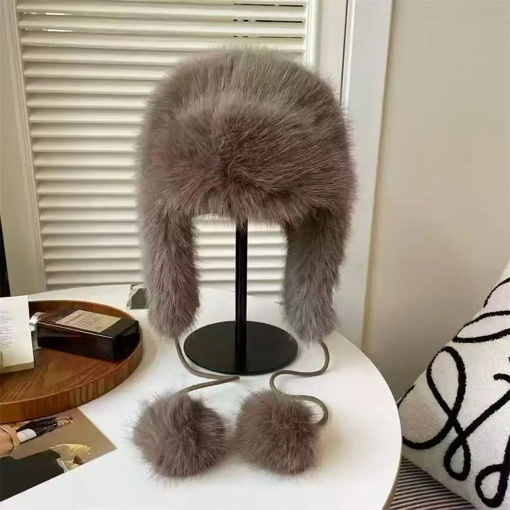 INS Fluffy Faux Fur Trapper Hat Women Pompom Ties Russian Ushanka Earflap Cap Bomber Hat Winter Ski Beanie Bonnet Accessories
