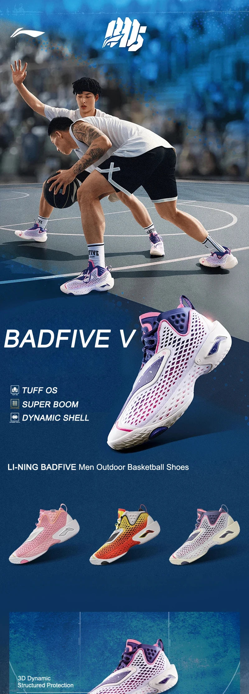 Li-Ning Men's BADFIVE V Outdoor Basketball Shoes SUPER BOOM Cushion LIGHT FOAM PLUS Reflective LiNing Stable Sneakers ABFV025