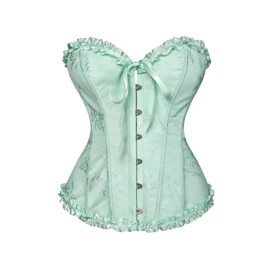 USA-Made Jacquard Ruffled Overbust Corset – Gothic Victorian Push-Up Bustier