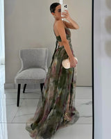 USA-Made Summer Floral Mesh Strap V-Neck Maxi Dress | Casual Holiday Party Long Skirt