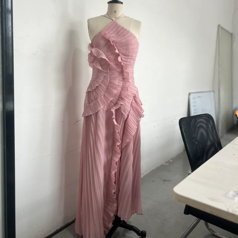 Elegant Lotus Edge Halter Maxi Dress