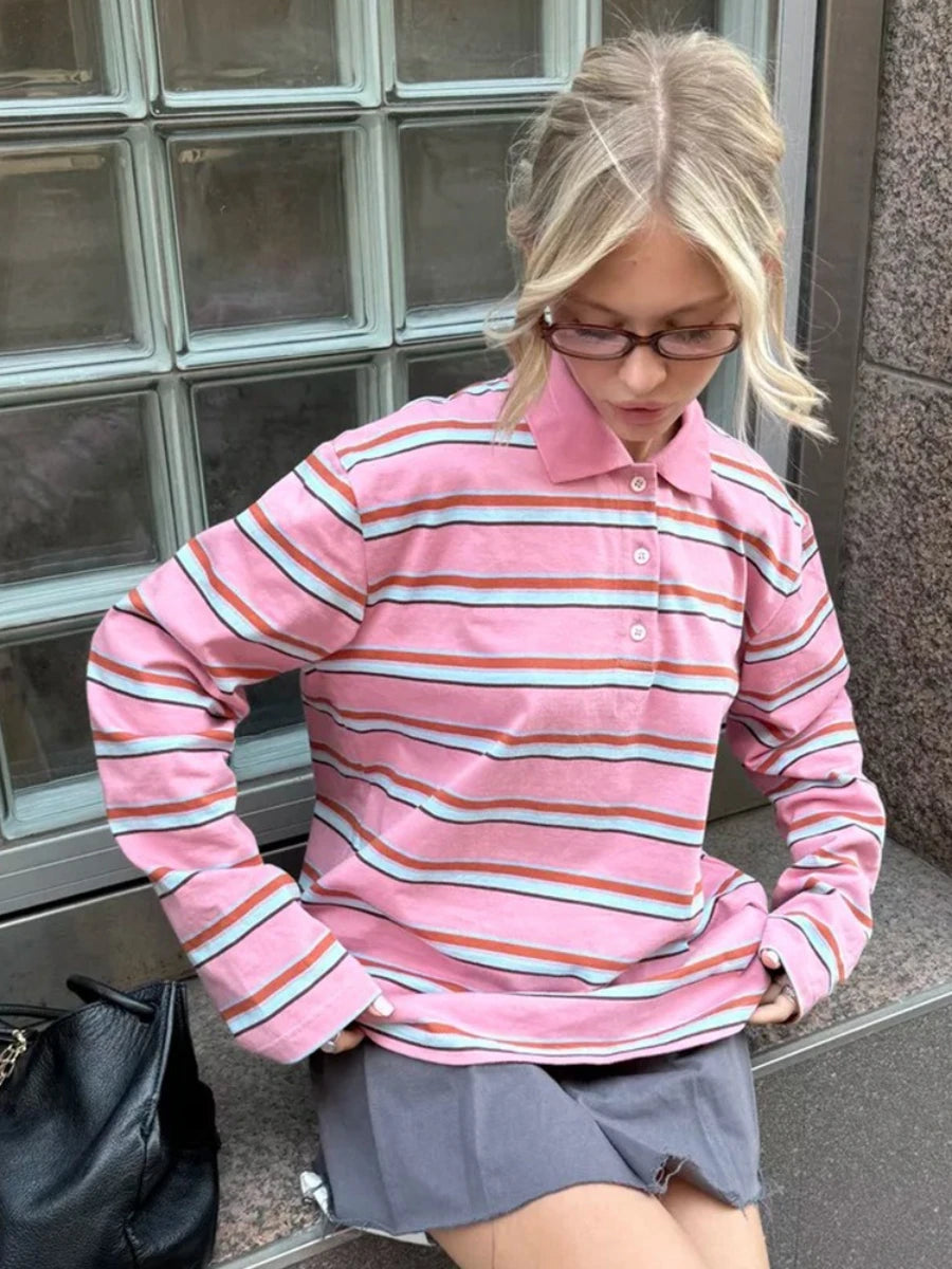 Vintage Striped Oversized Polo Shirt