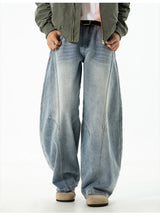 Autumn Retro Structured Split Washed Distressed Curved Jeans with Men's Silhouette Loose Straight Leg Pants Trendy Street Style