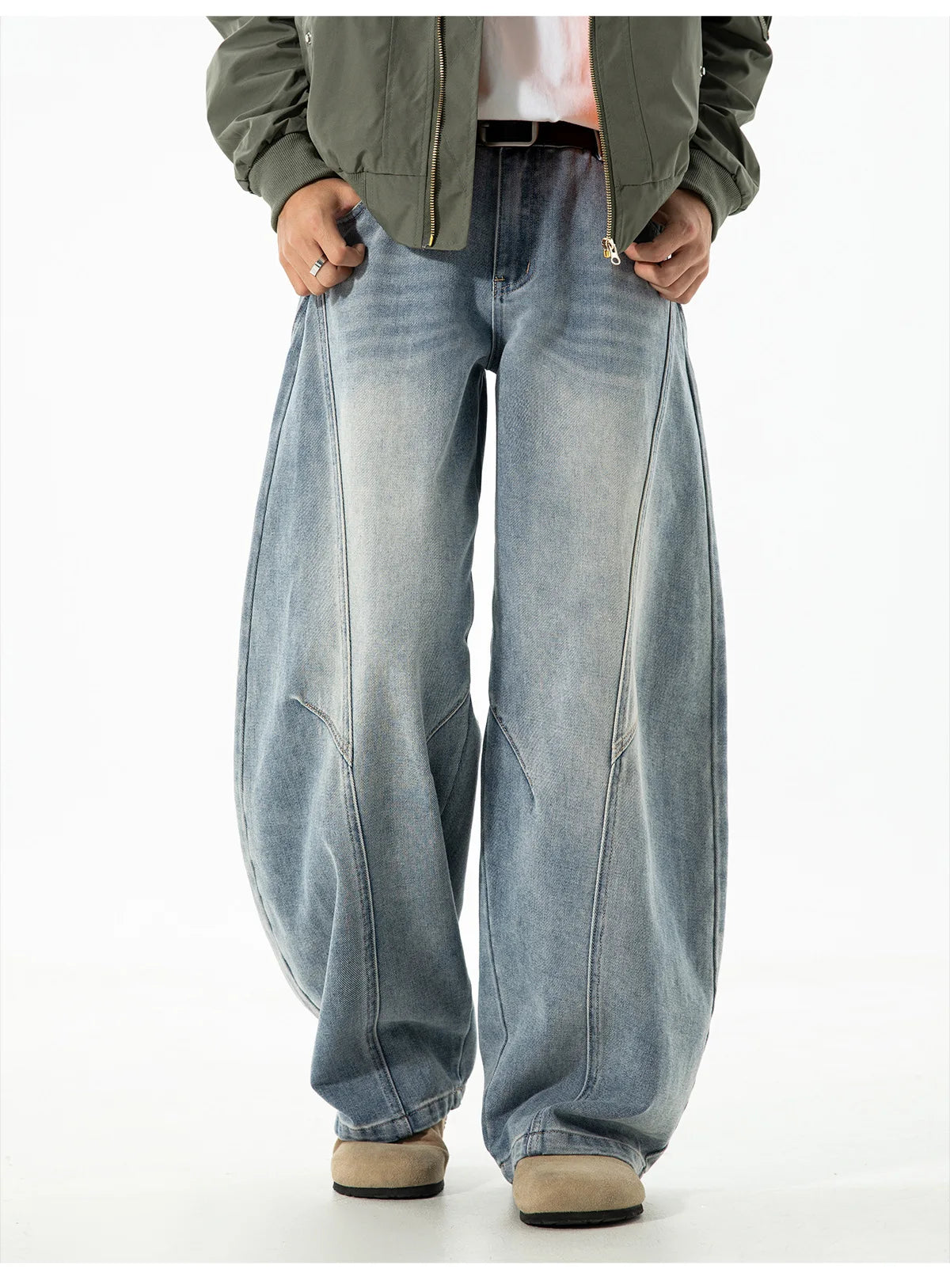 Autumn Retro Structured Split Washed Distressed Curved Jeans with Men's Silhouette Loose Straight Leg Pants Trendy Street Style