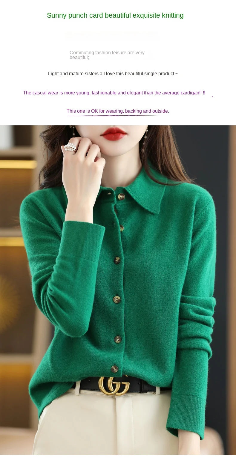 Polo Collar Spun Wool Cardigan – Elegant Single-Breasted Knit Jacket