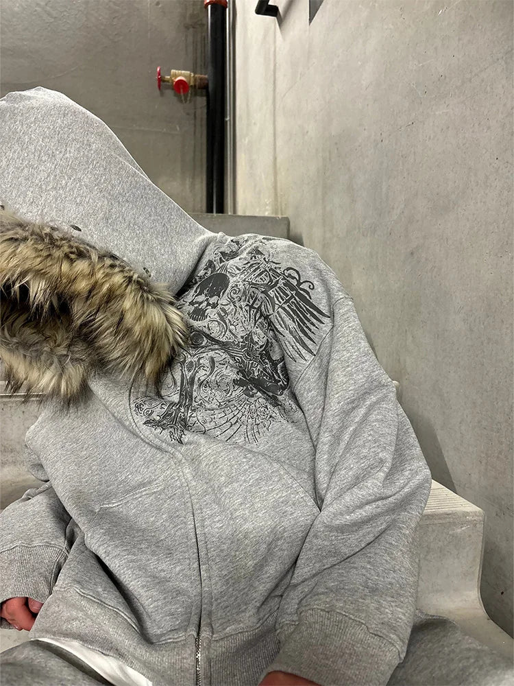 Y2K Aesthetic Faux Fur Zip-Up Hoodie