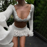 Shestyle Texture White Women 2 Piece Sets Autumn Ruffles Super Short Crop Tops V Neck Sheath Skirts Brand Design Party Outfits