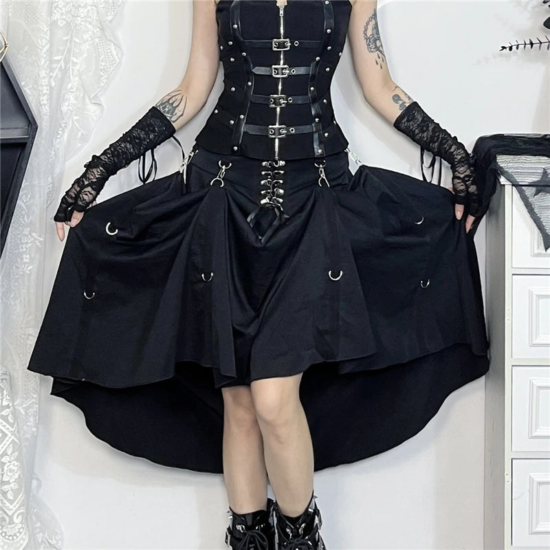 Gothic High-Waist A-Line Midi Skirt | Harajuku Grunge Y2K