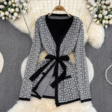 3-Piece Women’s Knitted Set: V-Neck Belted Cardigan & High-Waist Wide-Leg Pants