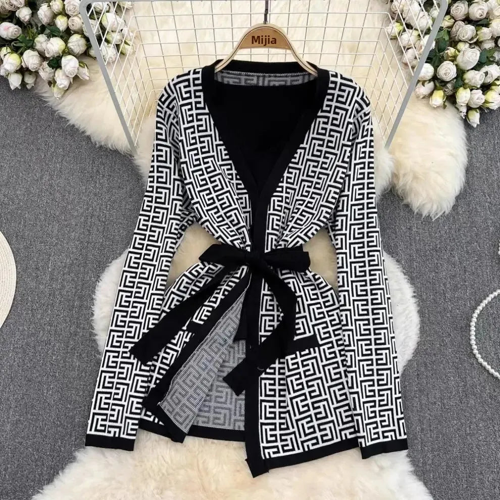 3-Piece Women’s Knitted Set: V-Neck Belted Cardigan & High-Waist Wide-Leg Pants