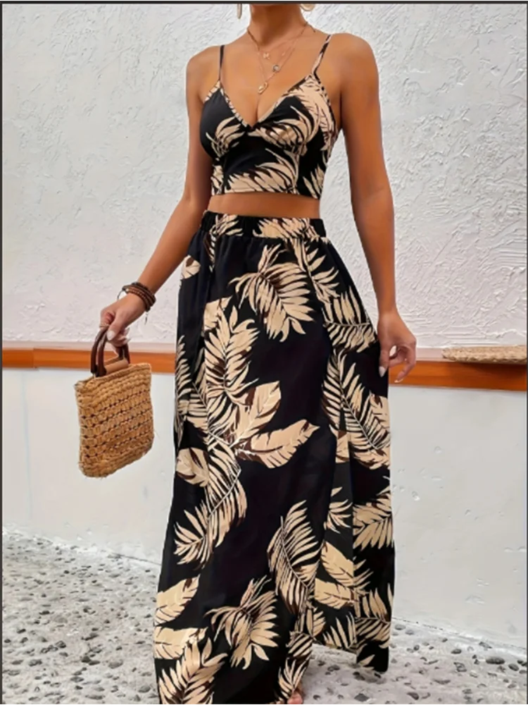 Elegant Deep V-neck Summer Dress: Sleeveless Printed Skirt Set