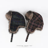 fashion Plaid tweed Bomber hat women ski cap winter hat faux fur pilot hat thickened warm ear protection hat versatile털모