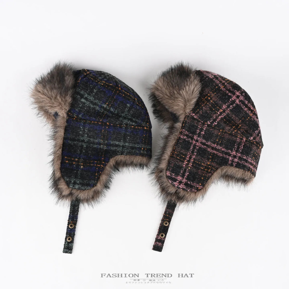 fashion Plaid tweed Bomber hat women ski cap winter hat faux fur pilot hat thickened warm ear protection hat versatile털모