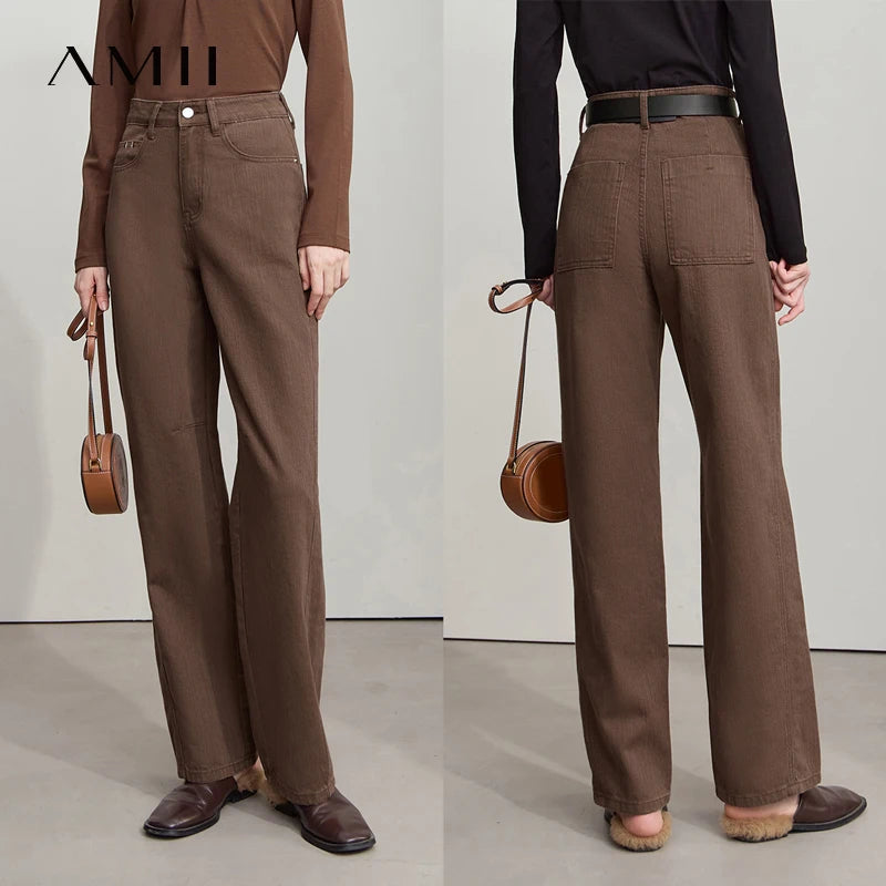 AMII Minimalist 2025 Autumn New Arrival Pants Minimalism Retro Casual Office Lady Pure Cotton Jeans Women Denim Trouser 12543141