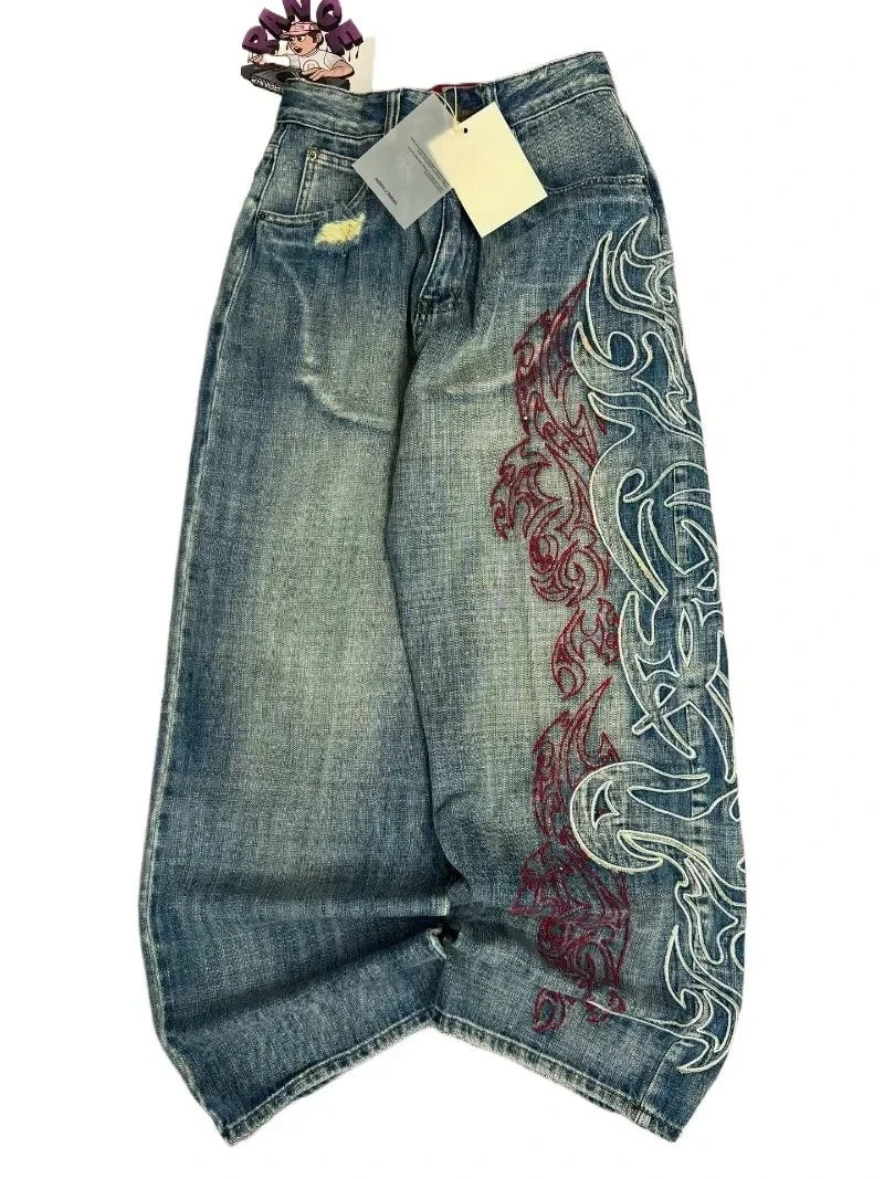 Men’s Y2K Gray Printed Loose-Fit Jeans