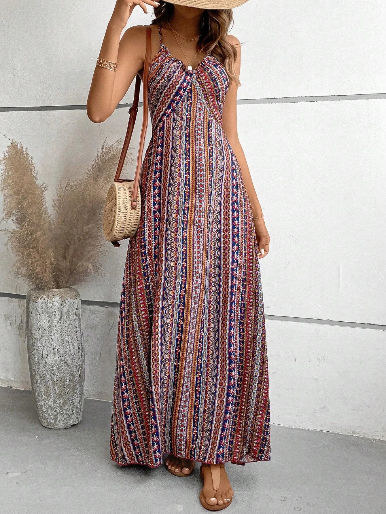 Boho Ethnic Frill Trim Maxi Dress