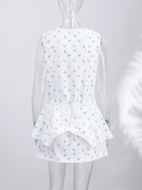 Print  Dress Women's Floral Satin Mini Dress Deep V-Neck Puff Sleeves Peplum Waistband Two-Piece Party Dresses Woman Clothes