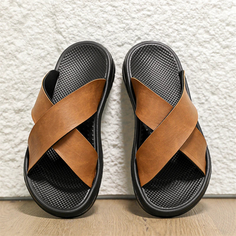 Mens Leather Slippers Comfortable Breathable Summer Big Size Sandals for Men with Soft Sole