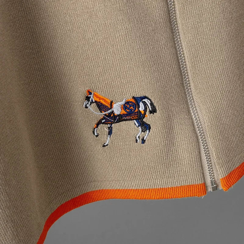 USA-Made Luxury Wool 2-Piece Set: Embroidered Horse Knit Jacket & Pants