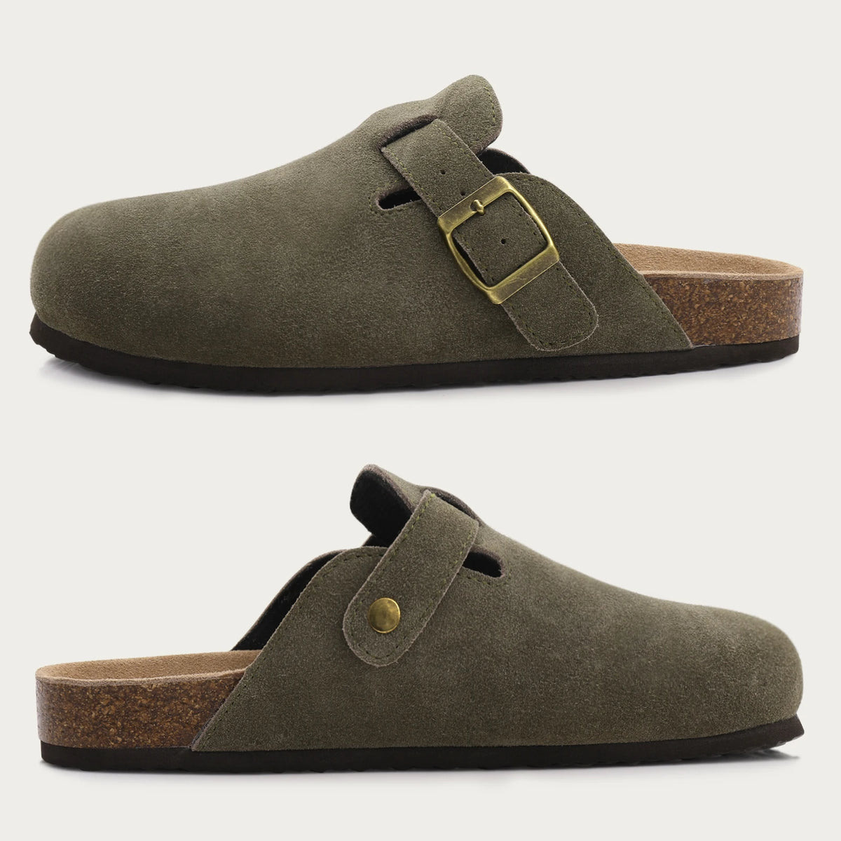 Evshine Men's Suede Clogs Fashion Leather Mules Cozy Footbed Slippers With Adjustable Buckle AntiSlip Cork Slippers Unisex Mules