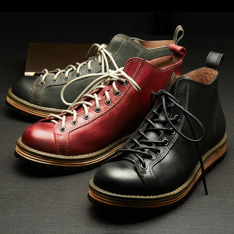 KOWM Hiking shoes men's walking boots British thick soled cowhide high top motorcycle boots ankle sneakers  casual trekking shoe